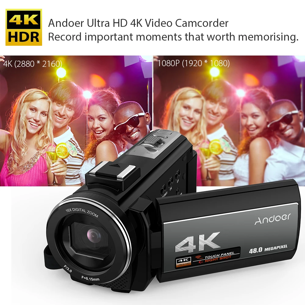 Andoer 4K 48MP WiFi цифровая видеокамера + внешний микрофон 0.39x широкоугольный объектив