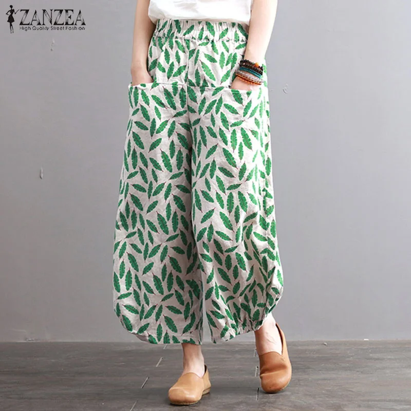 

Women's Casual Pantalon 2021 ZANZEA Wide Leg Pants Elastic Waist Trousers Female Print Harem Pant Floral Pantalon Plus Size
