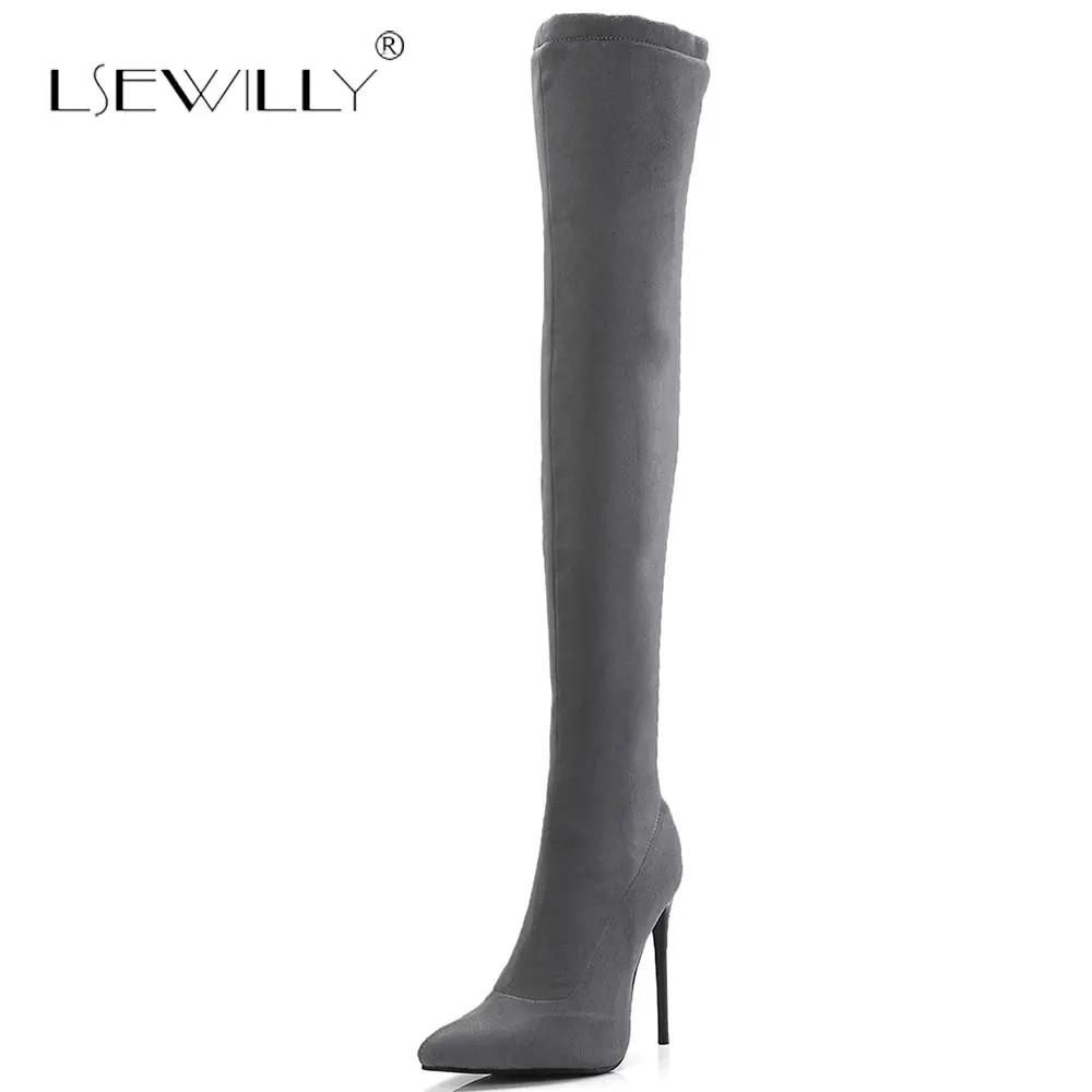 Lsewilly/женские ботфорты из эластичной замши пикантные на шпильке высокие сапоги с