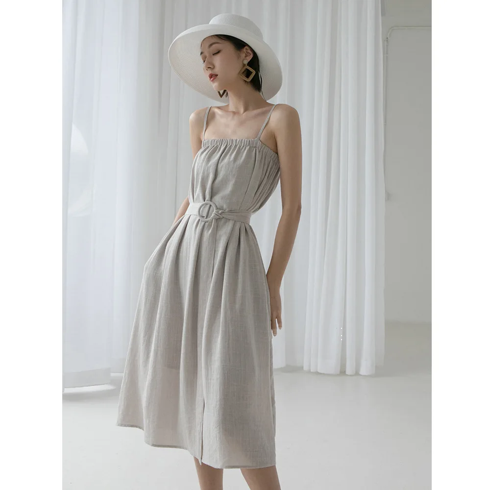 

2019 Summer New Style Simple Versatile Long Cotton Strap Wrapped Dress Female