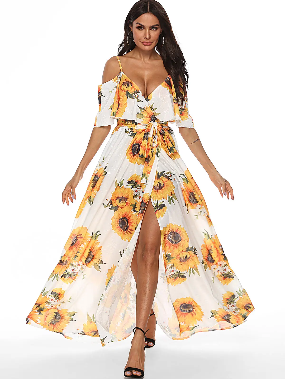Женское пляжное платье Boho белое с v образным вырезом и принтом подсолнуха летнее
