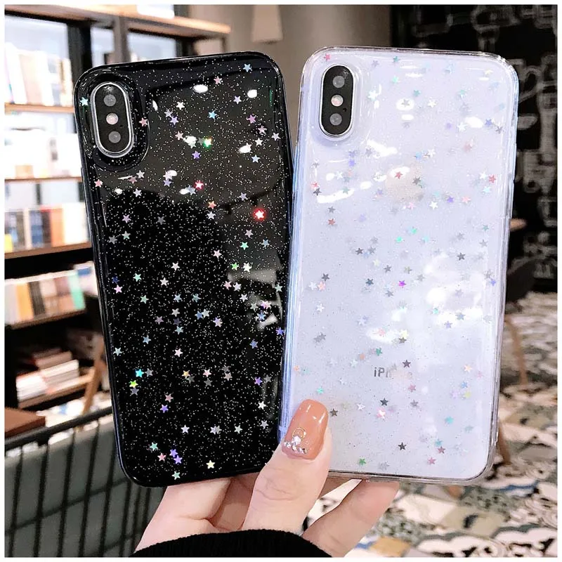 Lovebay Bling Star Glitter Powder Soft Phone Case For iPhone 13 12 11 Pro Max X XR XS 8 7 6 6s  Plus SE 2020 Transparent Back
