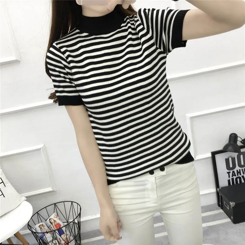 summer sweater black white stripe short sleeve thin Sweater Women Casual basic Knit Pullovers slim female Cashmere 2019 | Женская одежда