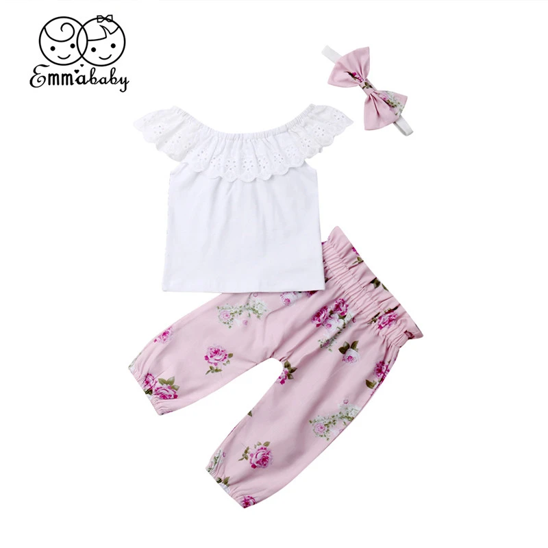 

Новинка 2019, летняя одежда для маленьких девочек, кружевные топы, брюки с цветами, повязка на голову, комплект одежды, 2 цвета