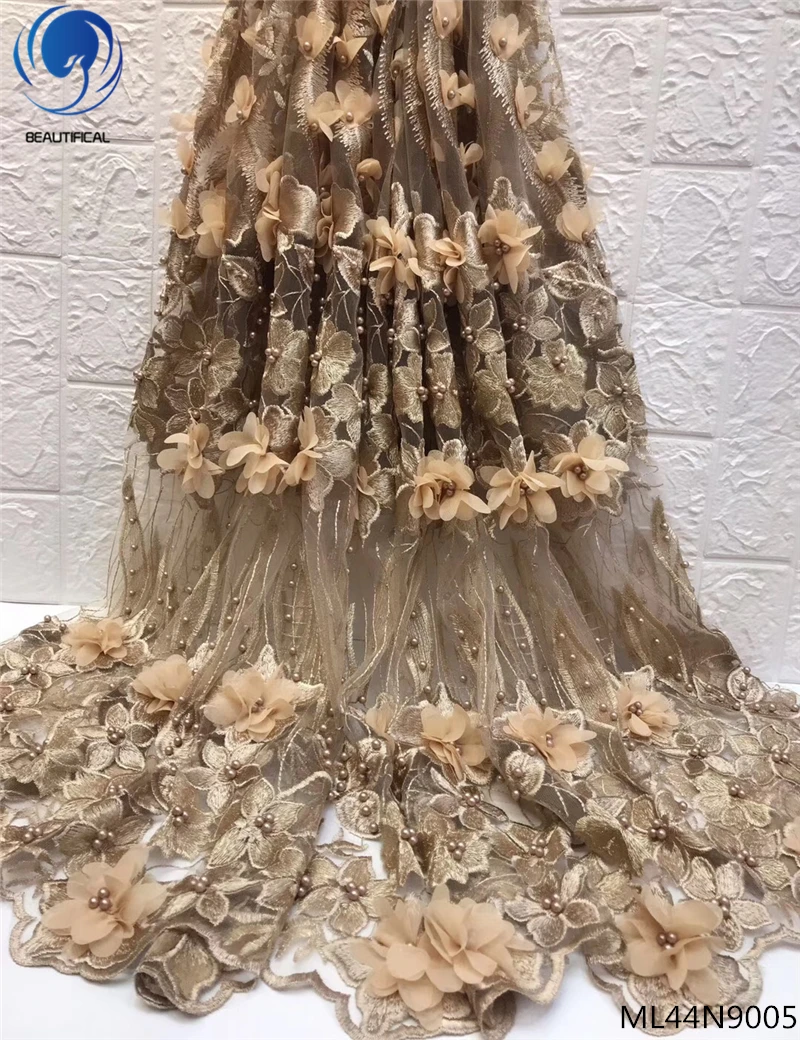 Красивая Африканская сеть кружева 3d цветок с бисером синий французский вышивка 5