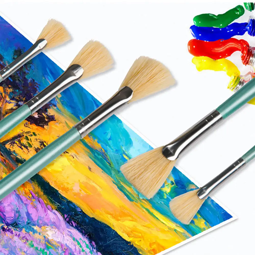 

6pcs/Set Art Supplies Blue Rod Pig Bristle Fish Tail Fan Shap Oil Paint Brush Art Gouache Watercolor Brush Acrylic Paints