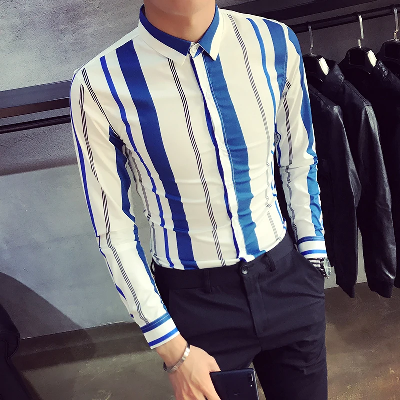 Высокое качество Весна новая рубашка мужская 2019 Slim Fit полосатый Смокинг Рубашка с