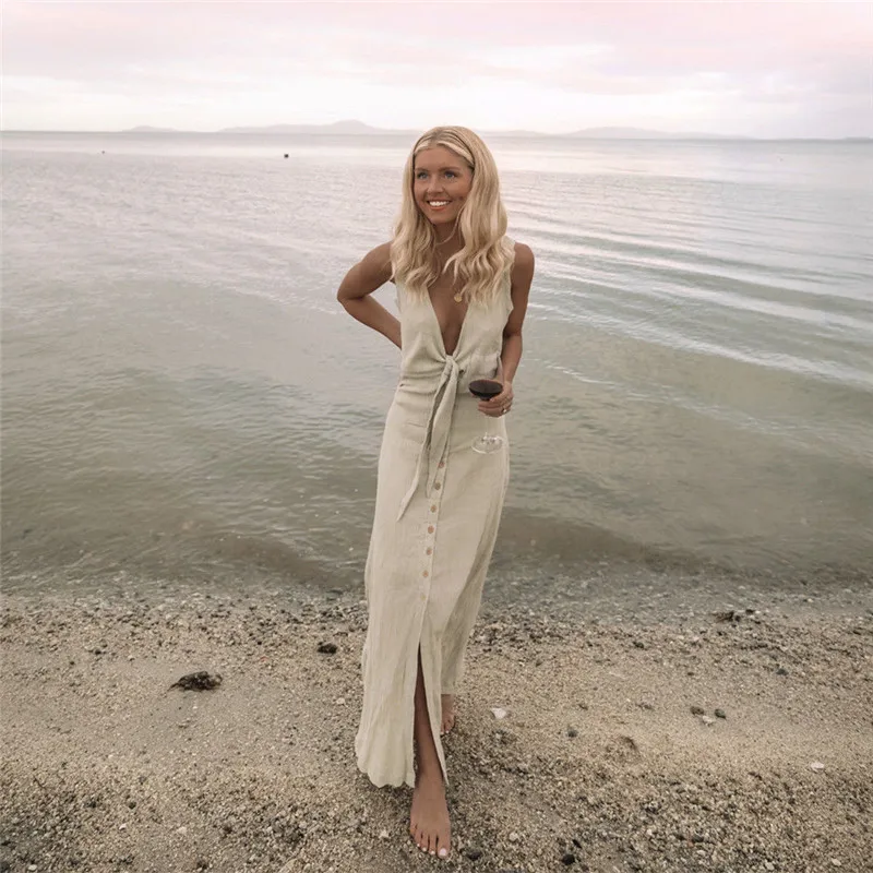 Модное женское платье с глубоким v-образным вырезом без рукавов однотонные