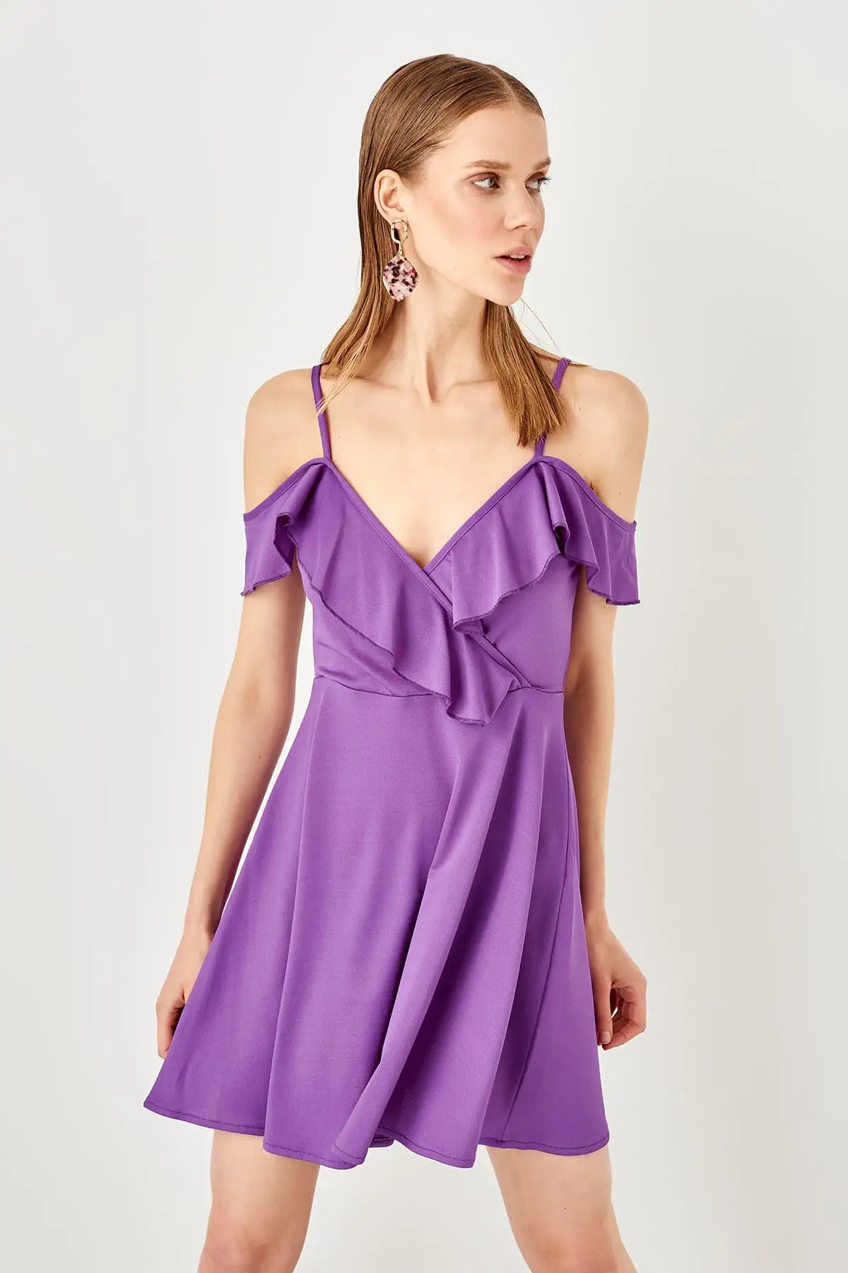 Trendyol фиолетовое трикотажное платье с оборками TWOSS19AD0069|Женские платья| |