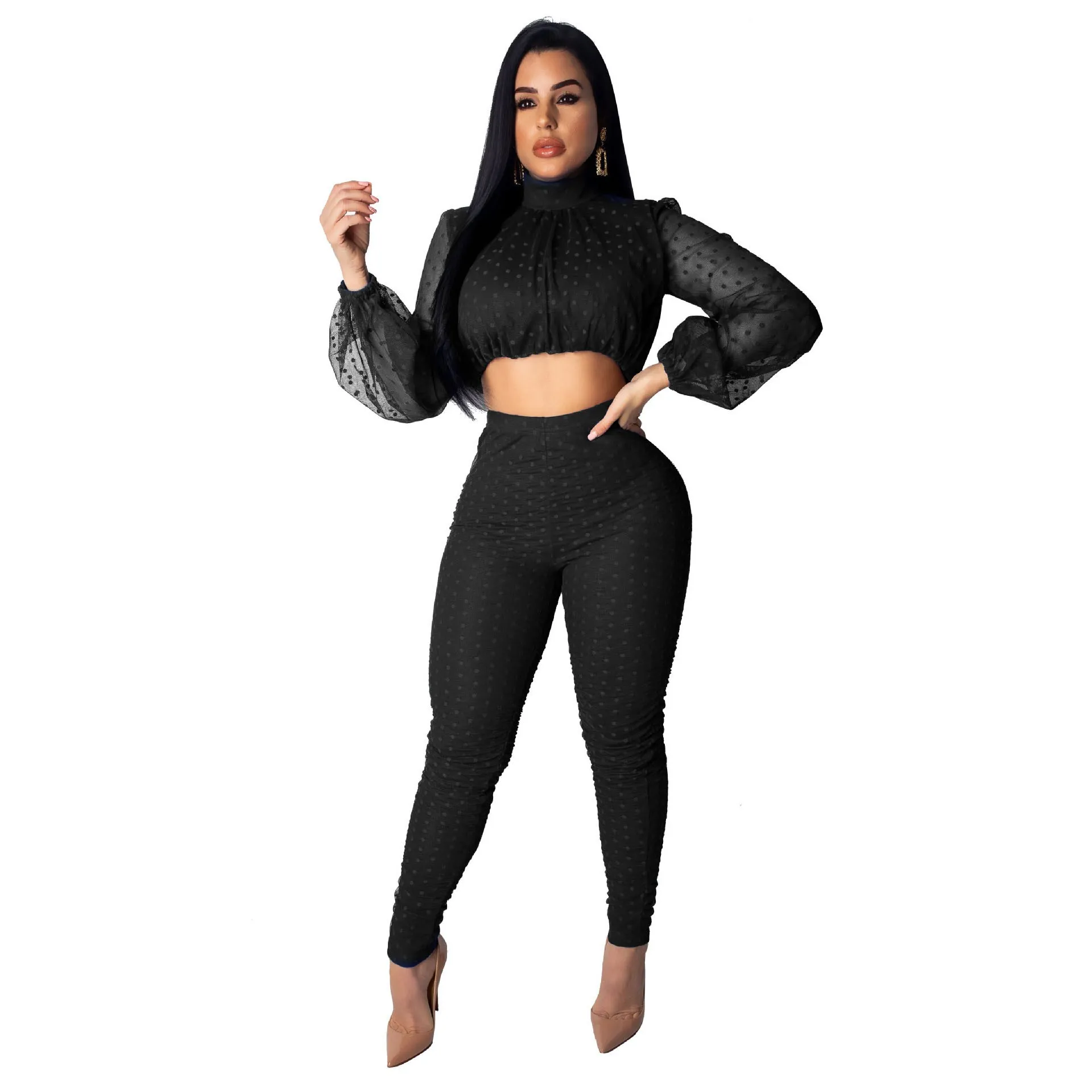 2 Piece Set 2019 Sexy Women Lace Mesh Crop Top Elegant Lantern Sleeve Pants Dot Embroidery Club Party | Женская одежда