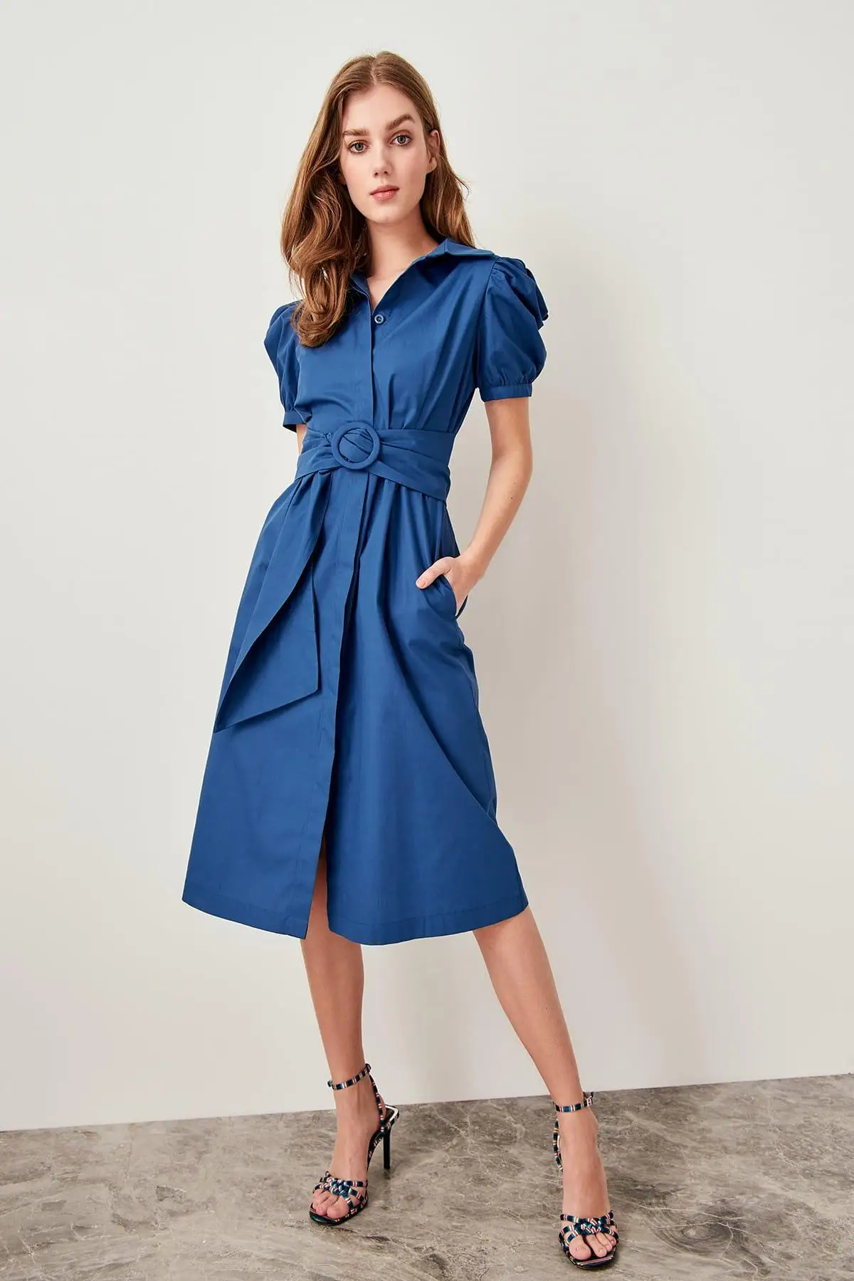 Trendyol Индиго Kemerli платье с воздушными рукавами TWOSS19OC0016|Женские платья| |