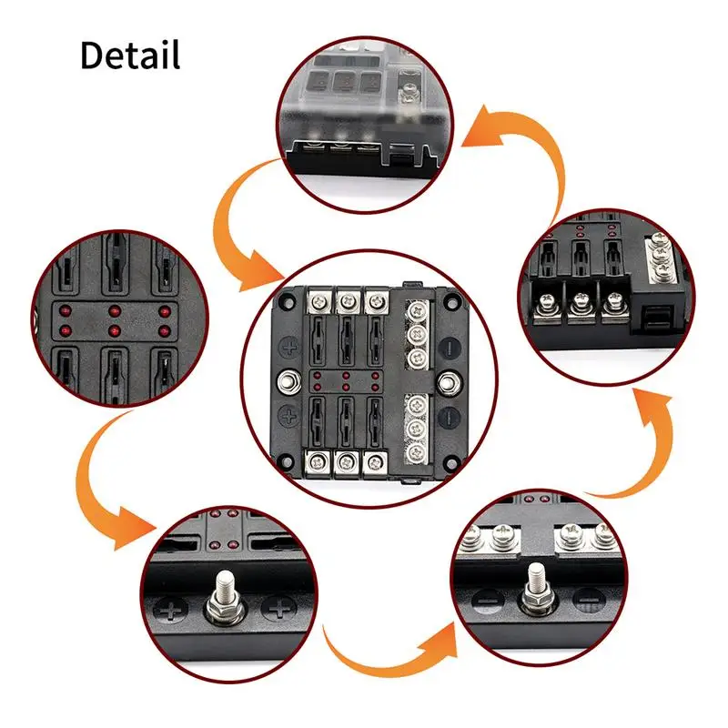 

Universal DC 12-32V Truck Coach Boat Bus Bar Power Distribution Block Double Busbars 6-way12-way Fuse Box With LED Lights