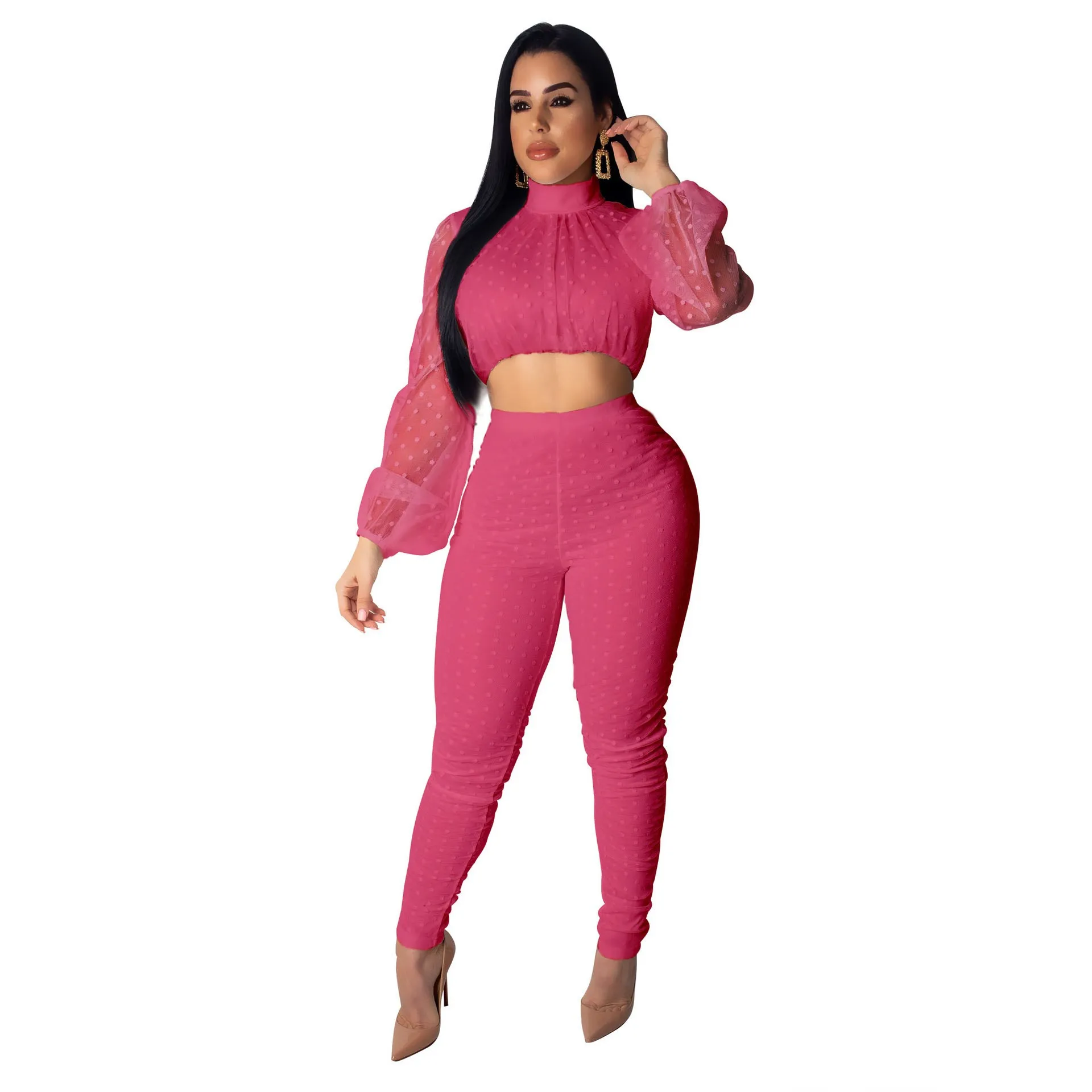 2 Piece Set 2019 Sexy Women Lace Mesh Crop Top Elegant Lantern Sleeve Pants Dot Embroidery Club Party | Женская одежда