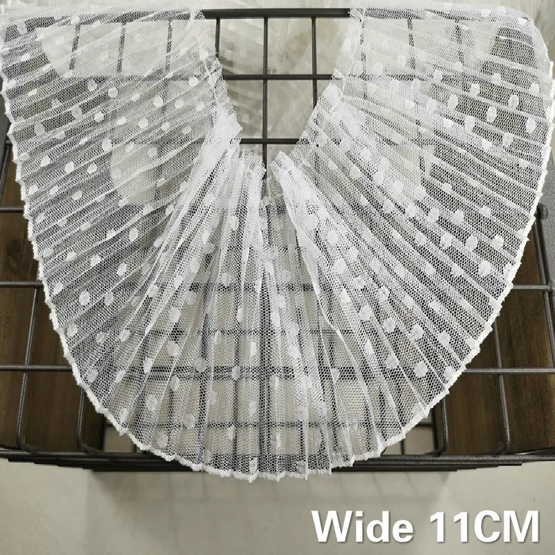 

11CM Wide Luxury Tulle White Lace Fabric Elastic Pleat Chiffon Lace Trim Embroidery Ribbon Collar Wedding Dress Skirt DIY Sewing