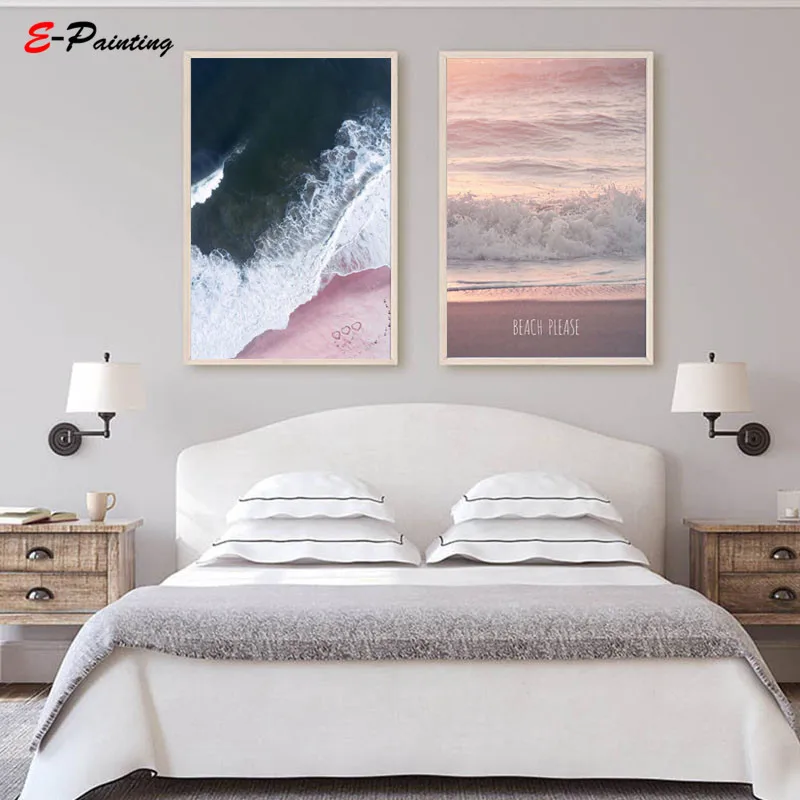 Modern Sea Wave Landscape Pink Seaside Beach Photography Print Post Wall Art Canvas Painting Living Room Home Decor |