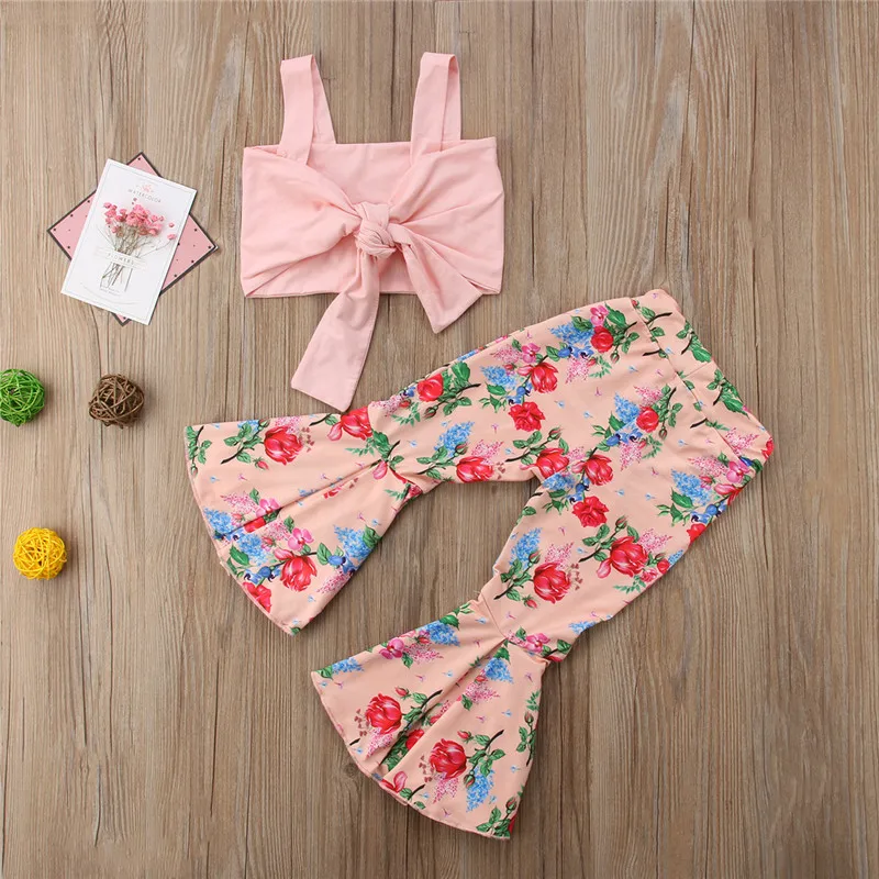 

PUDCOCO Fashion Kids Baby Girls Floral Bandage Tops Bell-bottoms Flare Long Pants Outfit kids Girl Clothes Summer Suits 1-6T