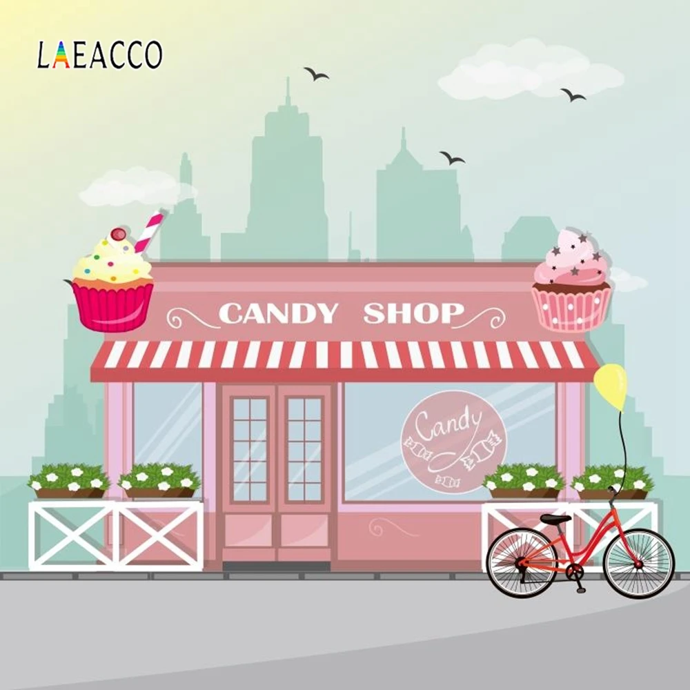 Laeacco мультфильм магазин фотографии фон велосипед конфеты ребенок партии