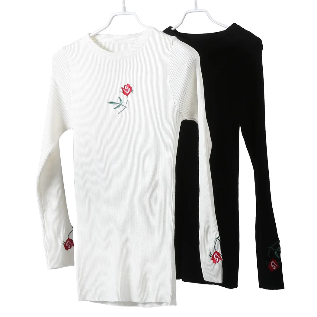 Fashion Ladies Knitted Sweater And Pullovers Floral Embroidery Famale Elastic Slim Sweaters Tops Basic Jumper Pull Femme Hiver | Женская