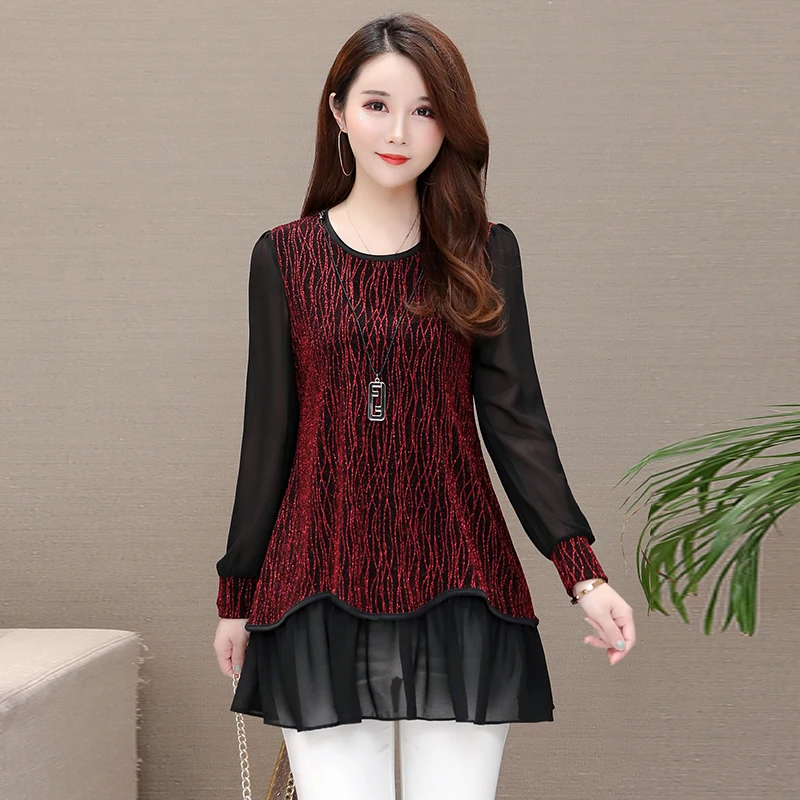 Plus Size Clothes 5XL 4XL 3XL Tunic Top Women Belly Peplum Patchwork Sheer Mesh Glitter Faux Two Piece Blouse Shirts | Женская одежда