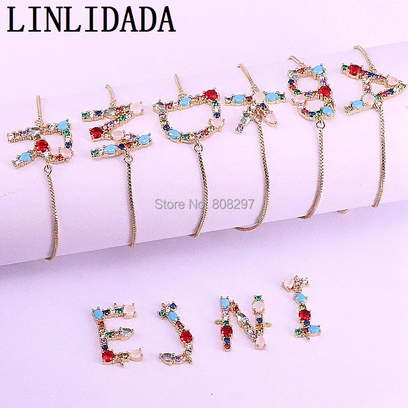 

10Pcs Fashion Jewelry Crystal CZ Zircon Micro Pave A- Z Letter Connector Bracelets For Women Gold Slide Chains Initial Bracelet