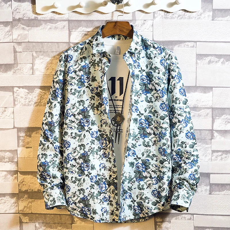 

New Spring summer Fashion Tide Long Sleeve Youth streetwear Red Man Hairstyle Division Printing men hawaiian Shirt Hip Hop