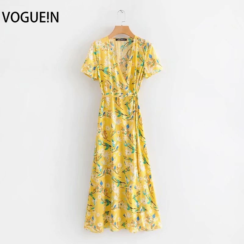 Женское пляжное платье макси VOGUEIN желтое Бохо с цветочным принтом v образным
