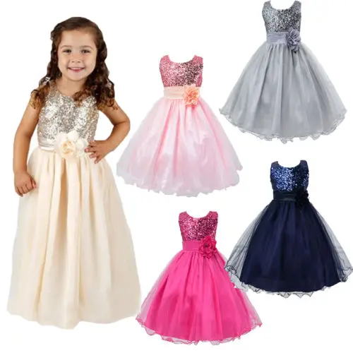 2019 Formal Sequins Grils Dress Kids Baby 3D Flower Girl Lace Tulle Gown Princess Party Wedding Long Dresses 5 Colors | Детская одежда