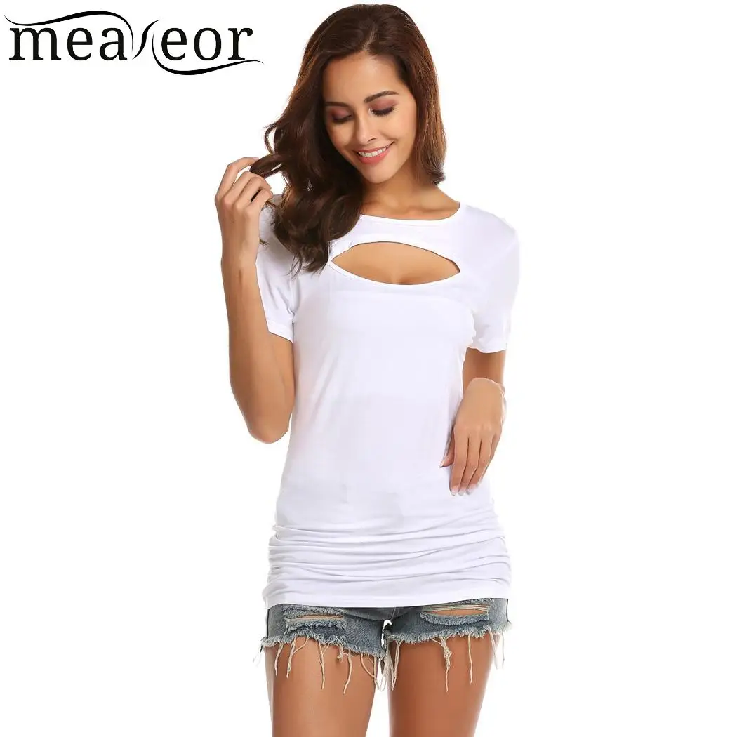 Meaneor рукав Slim Fit повседневный круглый вырез короткий женский замочный Футболка