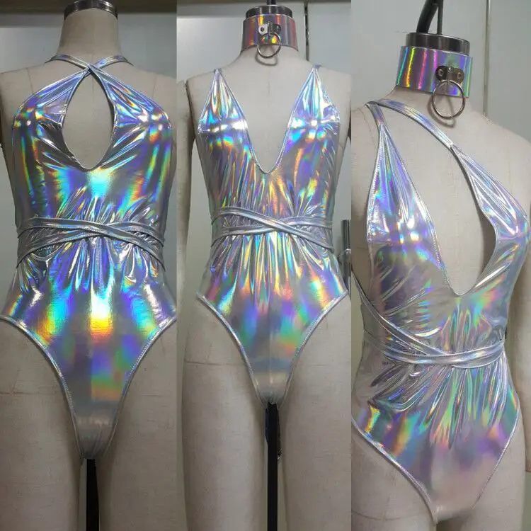 Пикантные женские облегающие голографические Серебристые боди из виниловой