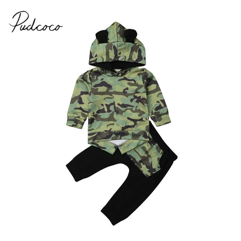 2018 Brand New Toddler Kids Baby Boys Girls Autumn Fashion Clothes 2PCS Camouflage Print Hooded 3D Ears Tops+Pants Outfit 6M-4Y | Детская