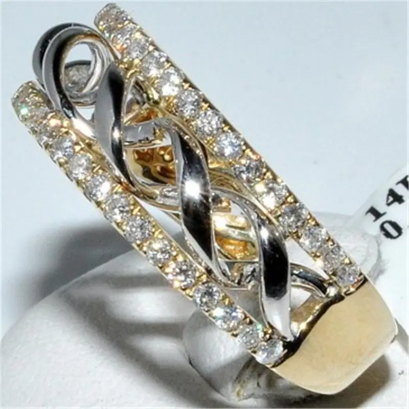 

Fashion Two Tone Zircon Ring Women Men Yellow White Gem Stack Twisted Ring Sz6-10 Engagement Gifts Girl Party Gifts