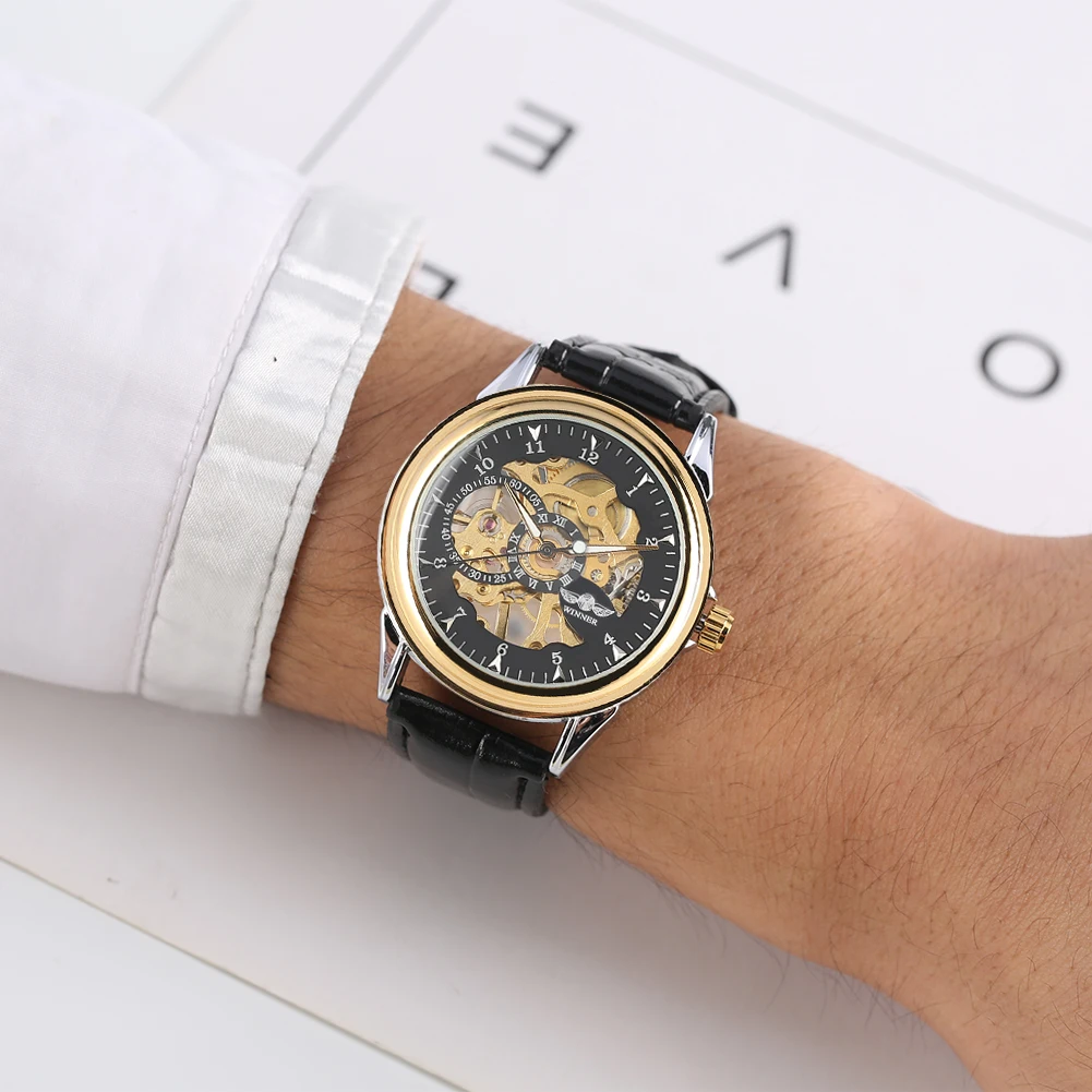 

Transparent Hand-winding Mechanical Watches Stainless Steel Skeleton Mechanical Watches Luminous Function Business Male Clock