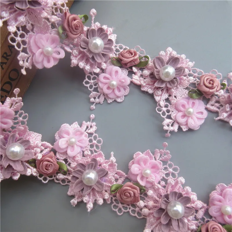 1yard Pink Pearl Rose Flower Embroidered Lace Trim Ribbon Fabric Sewing Supplies Craft DIY For Costume Dress Hat Decoration | Дом и сад
