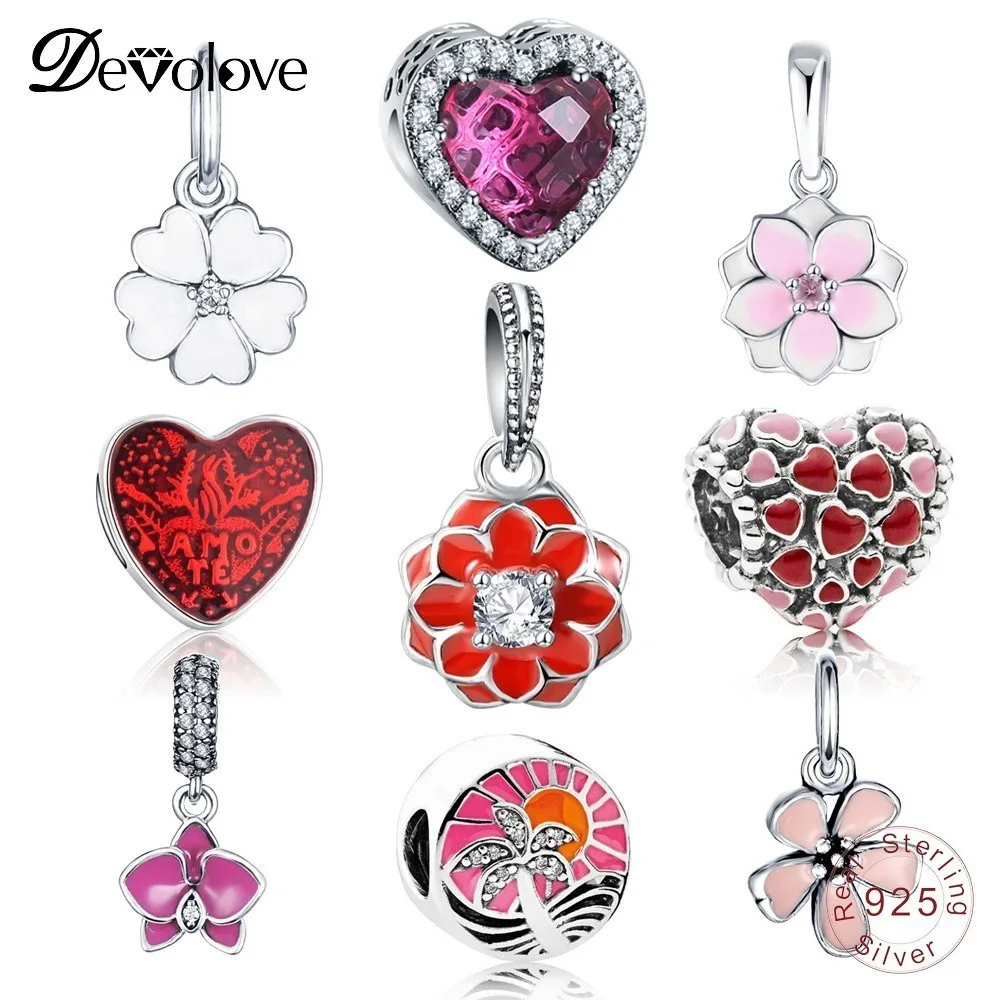 DEVOLOVE 100% стерлингового серебра 925 цветок сердце Шарм для браслета Pandora шарм