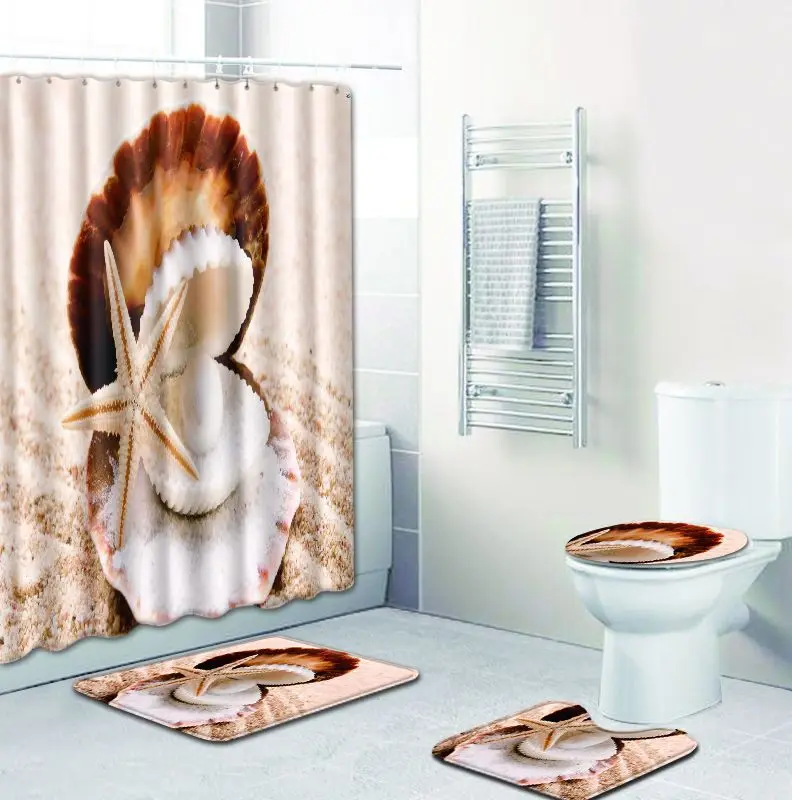 Sea shell printed Polyester Shower Curtain Bathroom Waterproof with 10 Hooks Pedestal Rug Lid Toilet Cover Bath Mat Set | Дом и сад
