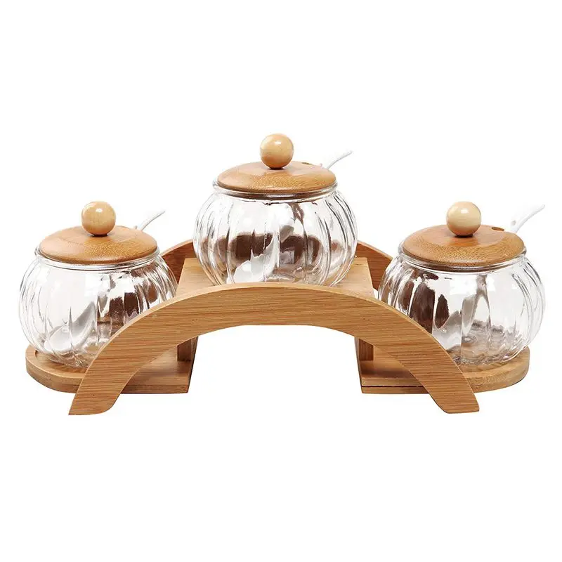 (set of 3) clear glass seasoning jar creative spice box and 2-layer wooden display stand |