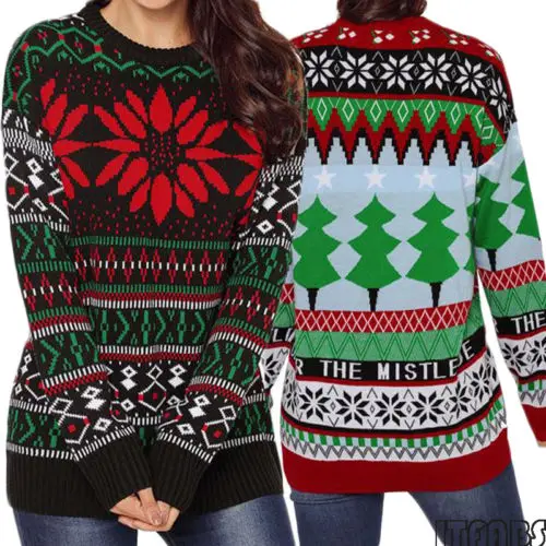 Ladies Xmas Long Sleeve O-Neck Casual Knitted Pullover Top Unisex Women Men Christmas Sweater | Женская одежда