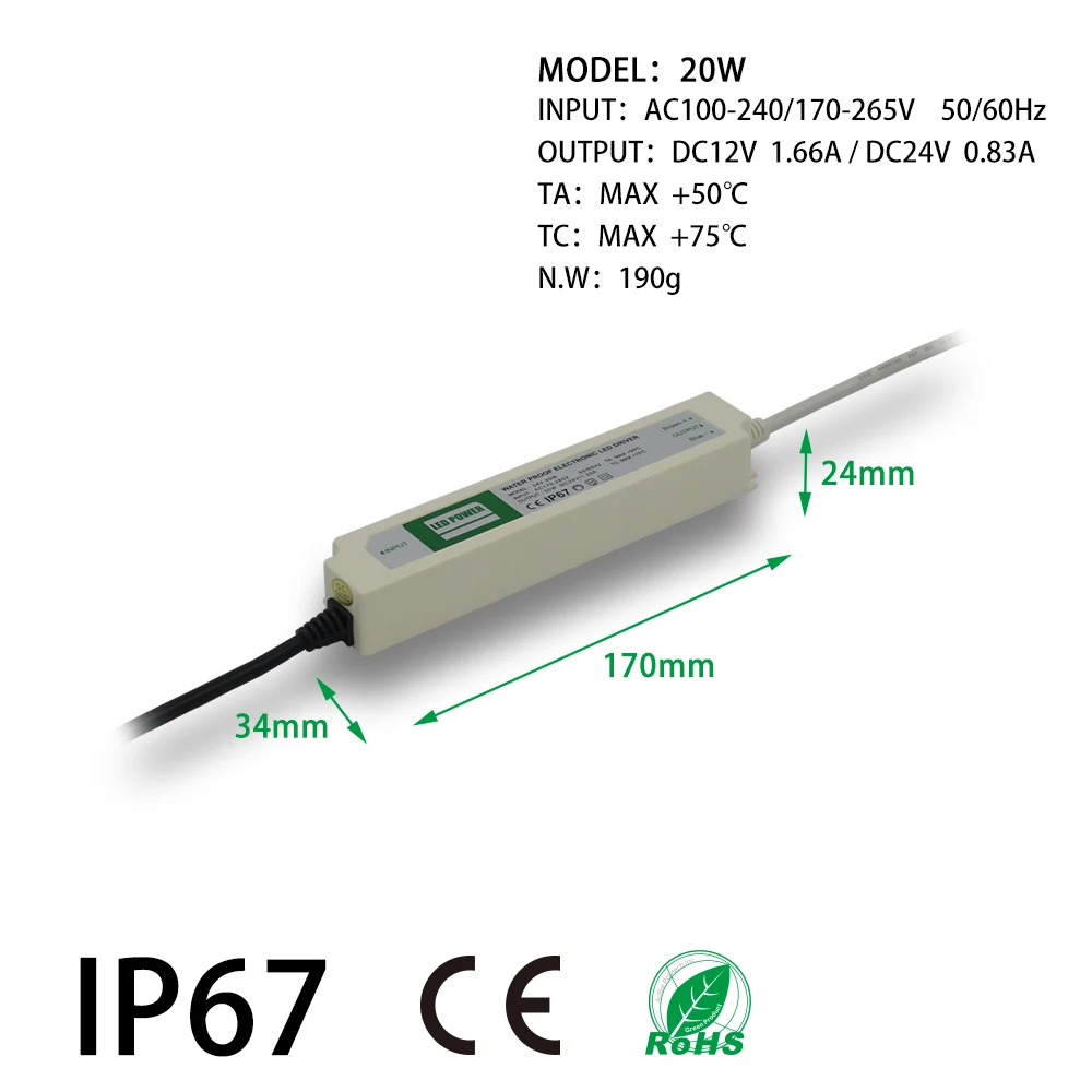 20 W Водонепроницаемый Питание Светодиодные ленты IP67 DC12/24 V адаптер трансформатора
