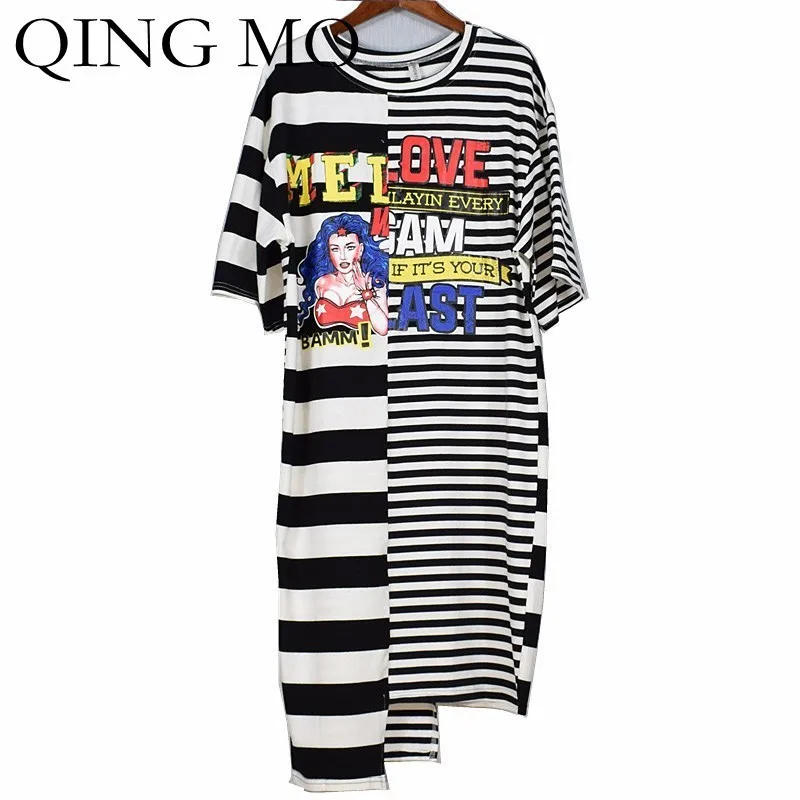 QING MO платье с мультяшным принтом женское Полосатое футболка коротким рукавом