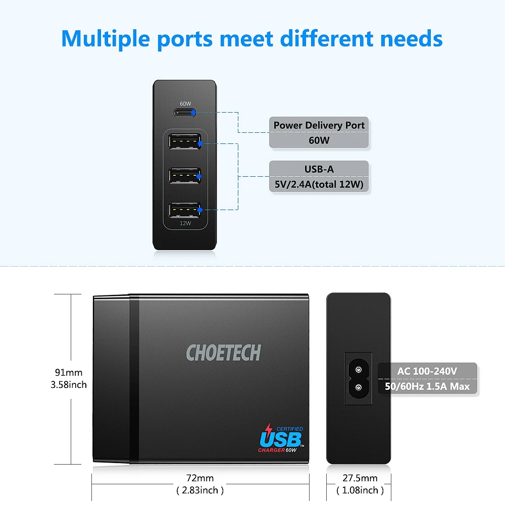 Choetech 72 Вт 4 порта Usb Type C настольная зарядная станция с доставкой питания для Iphone X 8