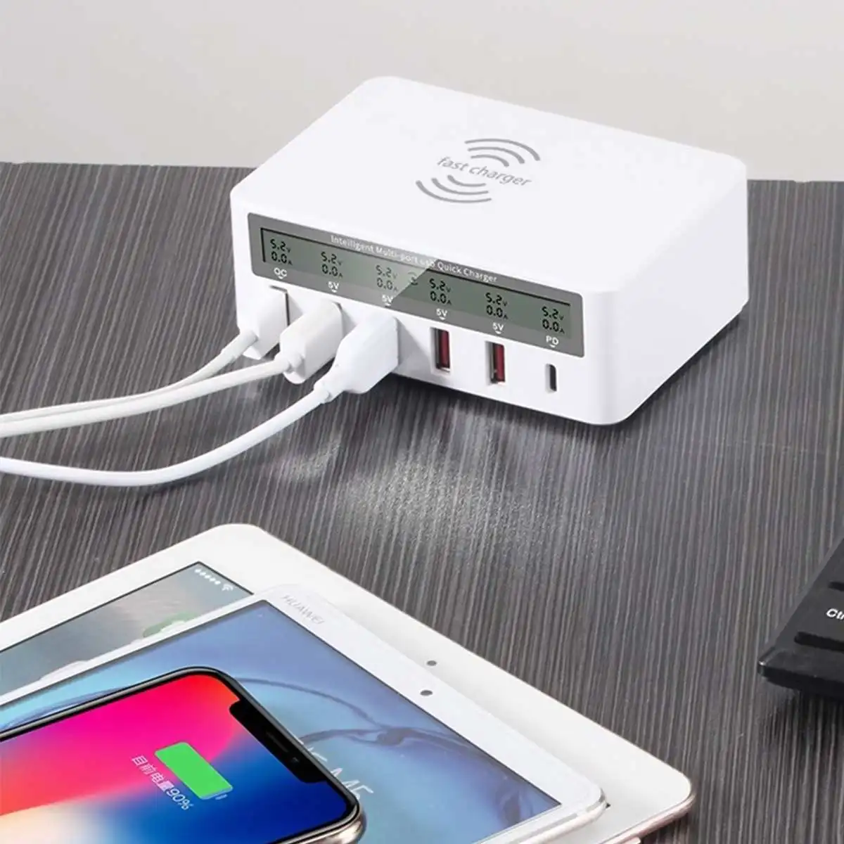 10W Qi 3.0 USB Multi Wireless Charger +5 Ports LCD Digital Screen Fast Charging Pad Mobile Phone Power Bank Dock Station | Электроника