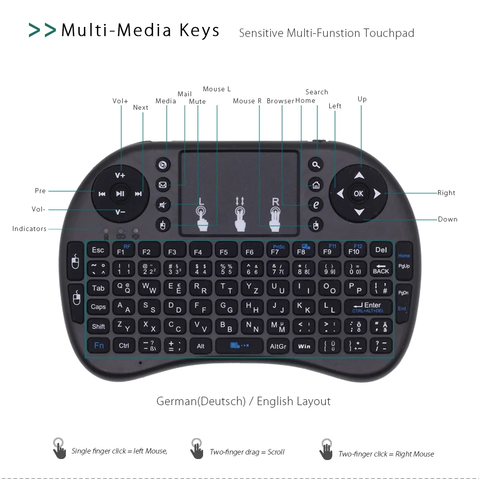 I8 (Deutsch) немецкая английская клавиатура 2 4 ГГц Мини Беспроводная Air Mouse с тачпадом