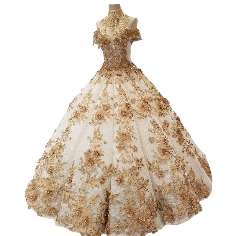 2018 Gold Lace Sleeveless Strapless Floor-length Bridal Gowns Waves Ball Gown Off The Shoulder Vintage Wedding Dresses Casamento | Свадьбы и