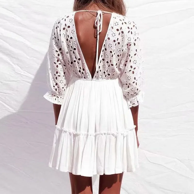 V Neck Hollow Out White Beach Dress Women Summer Batwing Sleeve Lace Mini Sundress Empire Fashion 2019 Sexy Party Vestidos | Женская