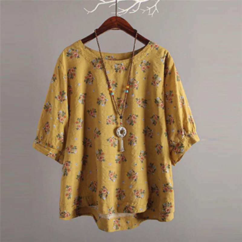 

Women Boho Floral Printed Plus Size Blouse 2019 Ethnic Style Short Sleeve Blouse Elegant Woman Vintage Baggy Tops O Neck Shirts