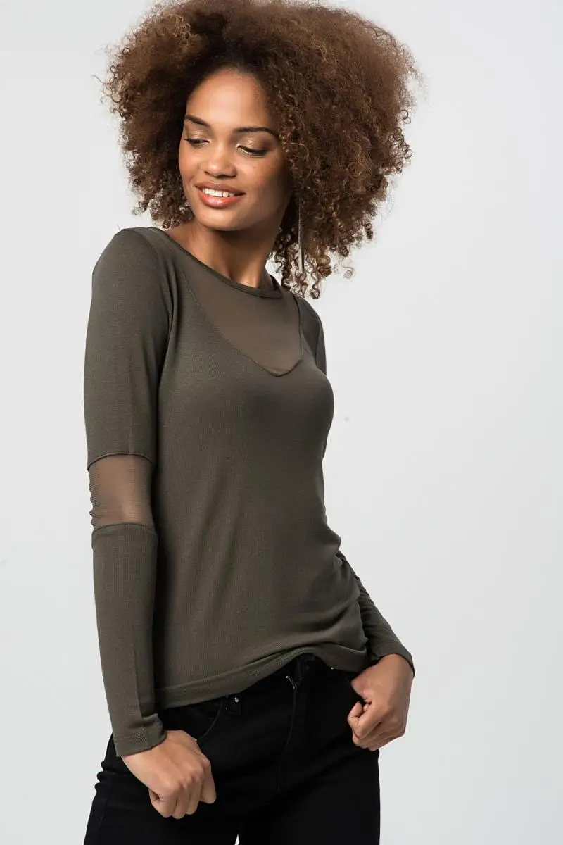Boutiquen Women Khaki Göğüsü and Tulle Sleeves Blouse 10229 |