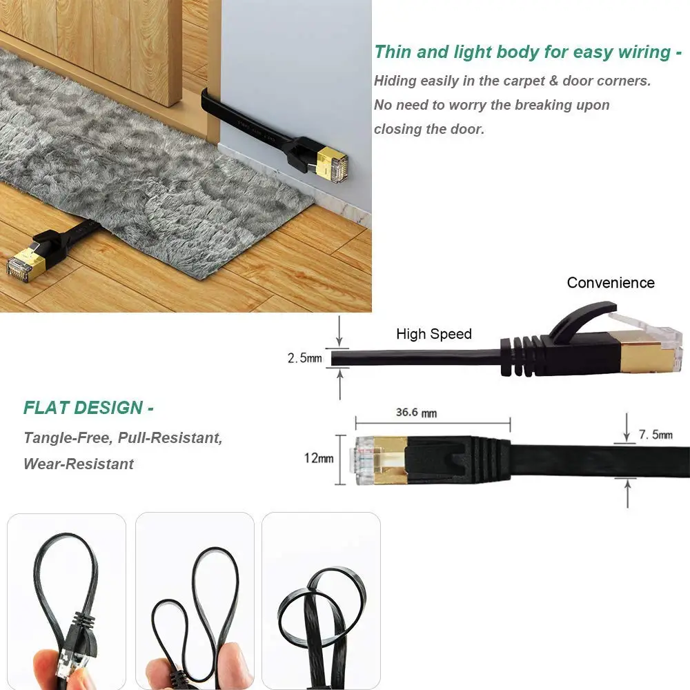 Cat 7 кабель Ethernet плоский с зажимами для кабелей экранированные разъемы RJ45