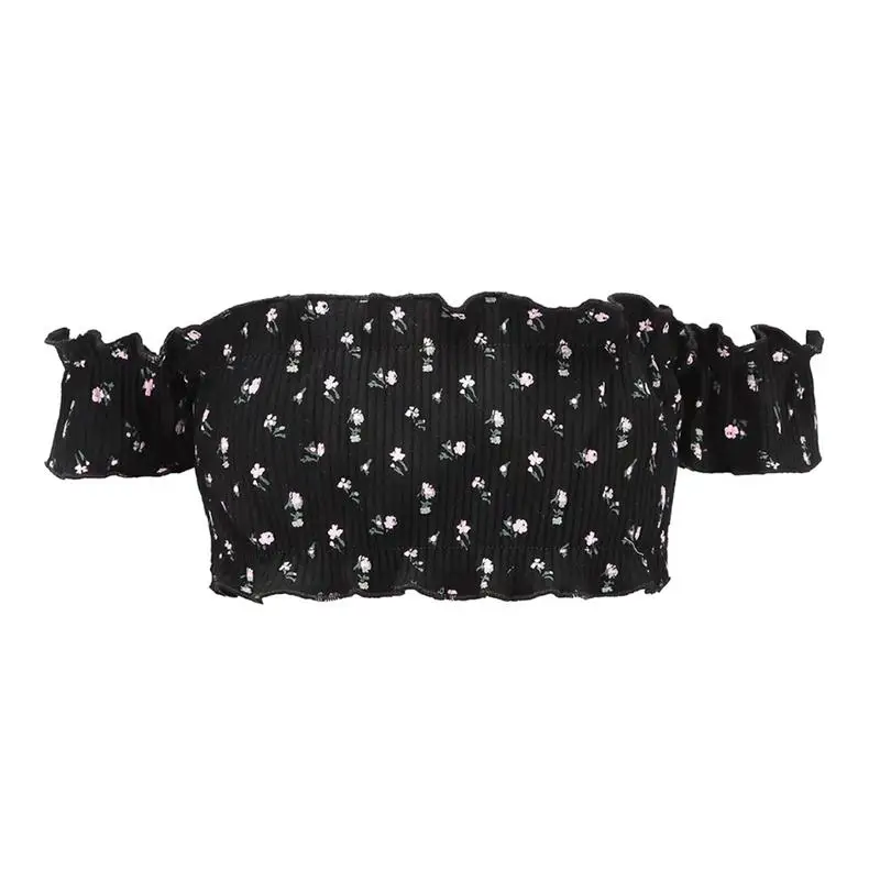 Sexy Off Shoulder Ruffles Knitted Crop Short Tops For Women Sleeved t-Shirts Girls Summerwear Cool Candy Color | Женская одежда