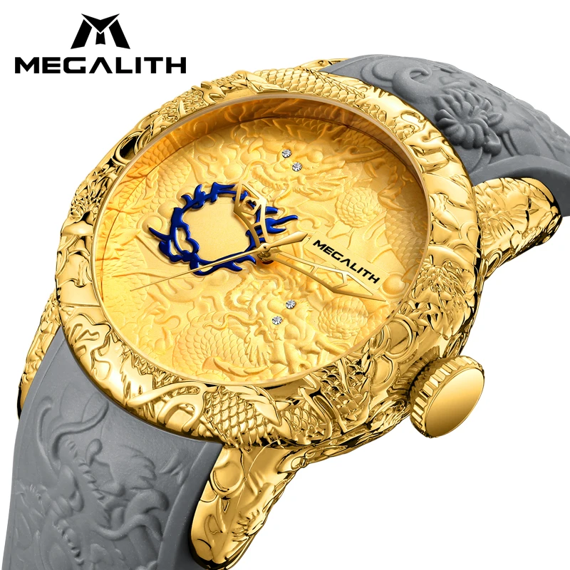 MEGALITH роскошные золотые скульптура дракона часы Мужские кварцевые модные