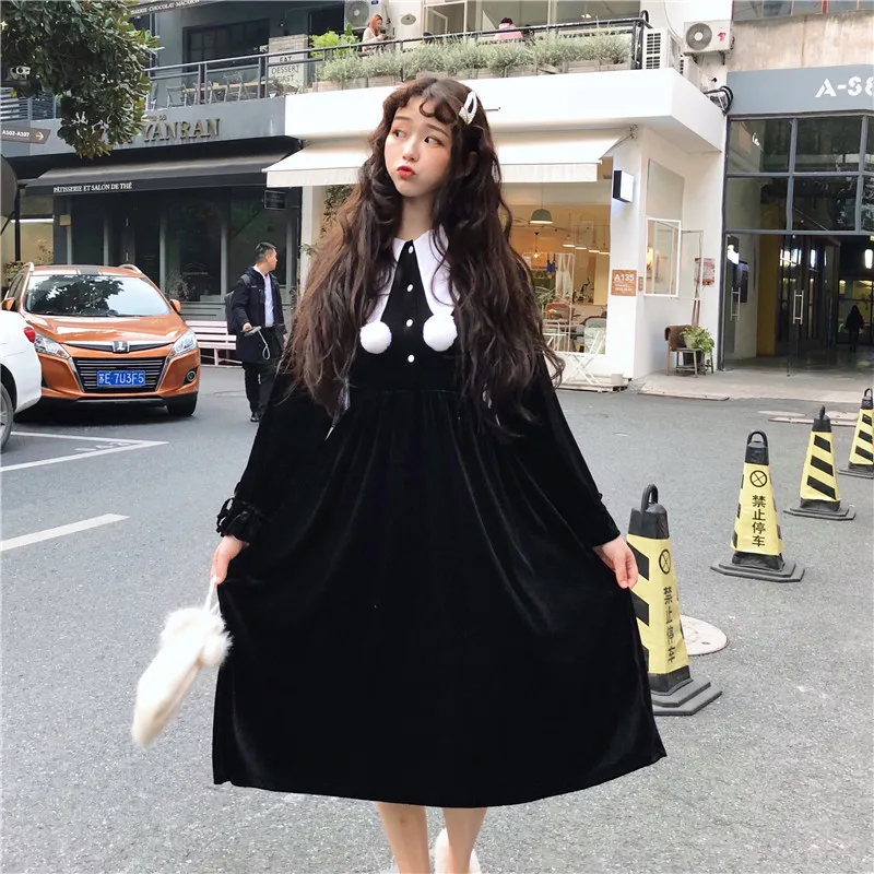 Корейское готическое милое черное бархатное платье для женщин Harajuku Рождество с
